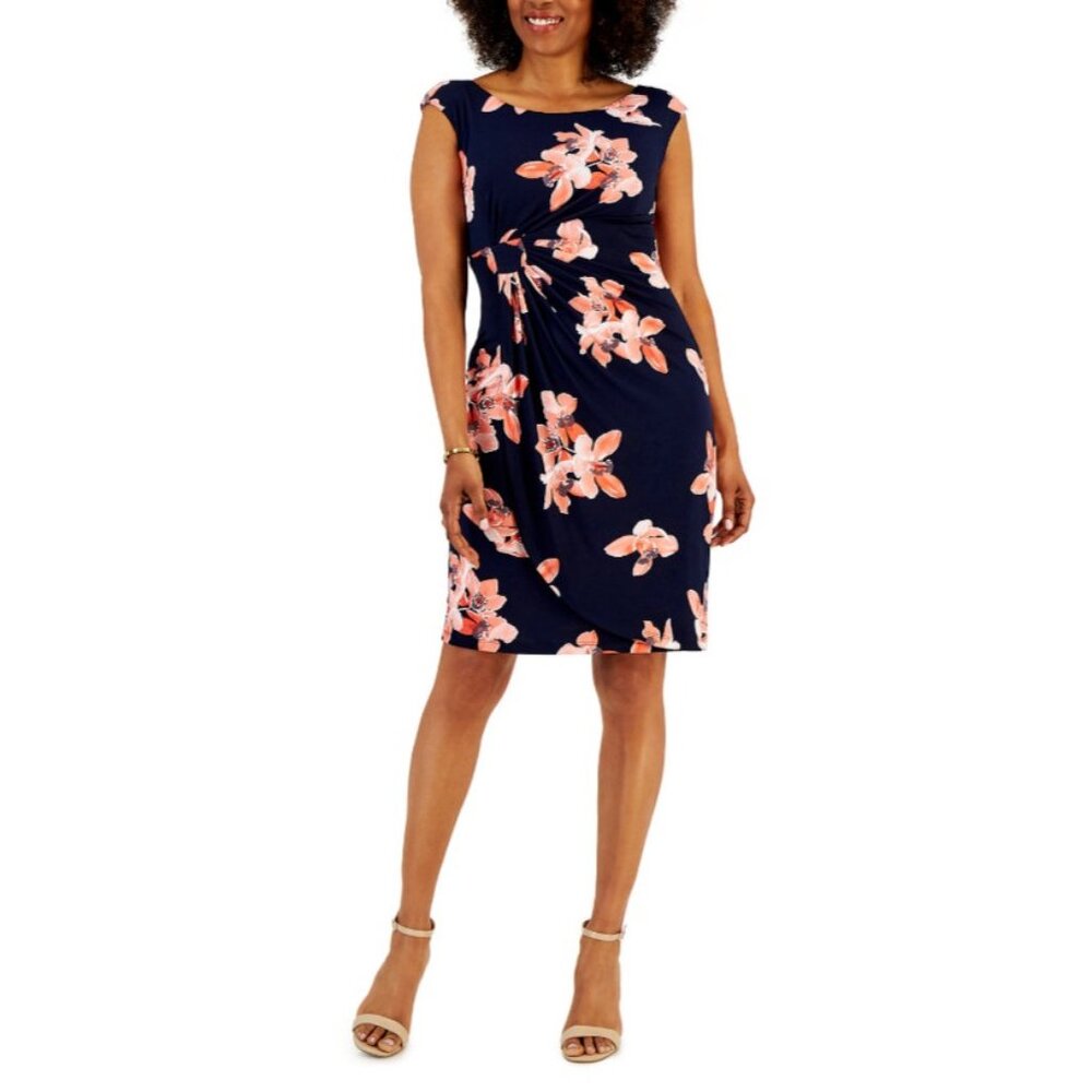 Connected Apparel Dress 14 Blue Peach Floral Career Church Sheath Washable NEW